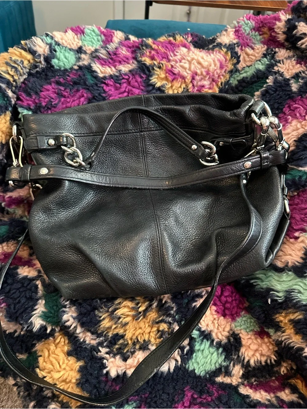 Coach Black Pebbled Leather Hobo with Silver Chain Accents